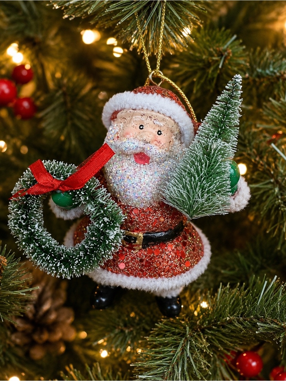 Glittery Santa with Christmas Tree and Holiday Wreath Ornament